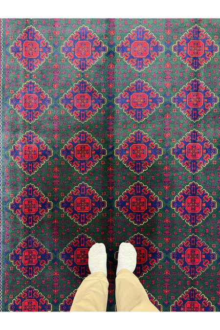 Afghan Rug Hand-Woven Green Nadir Color 6 Meter Bilijik Design 100% Wool Natural Dye