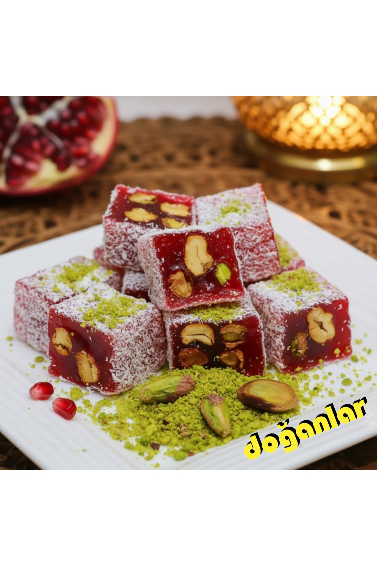 DOGANLAR gida Pomegranate Flavored Pistachio Double Roasted Turkish Delight helal Vegan Gluten Free jelatinsiz 1000 g 1 kg - MALLTURK