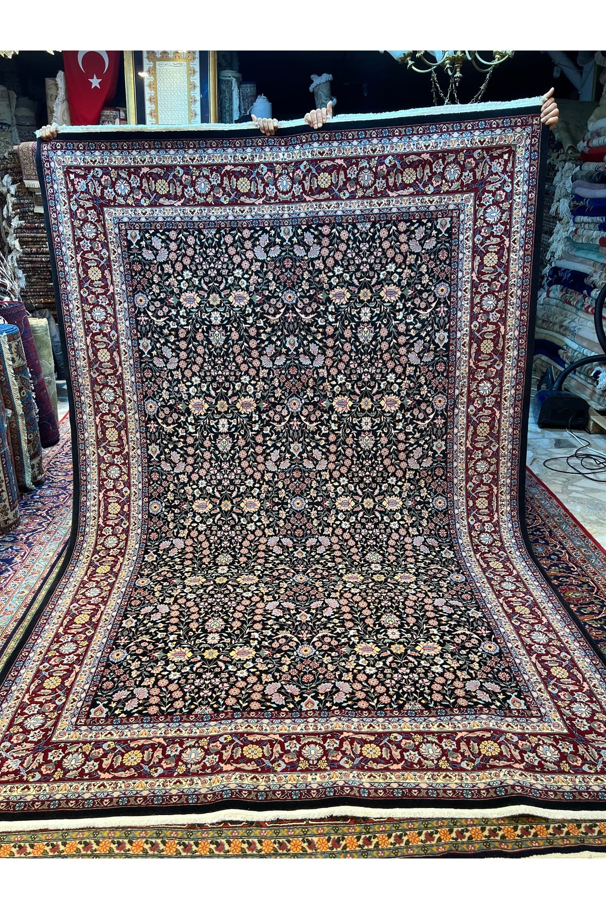 RD RAMAZAN DAG Hand Rug Art Hand-Woven Hereke Rug Signed Seven Mountains Flower Premium Quality Black Color Size 296x200 - MALLTURK