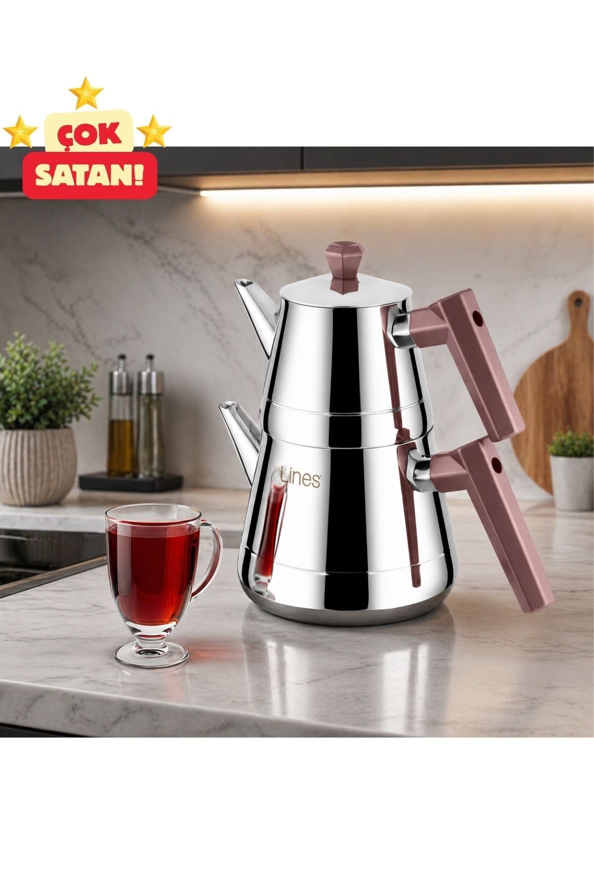 Lines Pyramid Medium Size Stainless Steel Teapot | Soft Handle, Heat Resistant, Long-lasting, Polished Steel Body - MALLTURK
