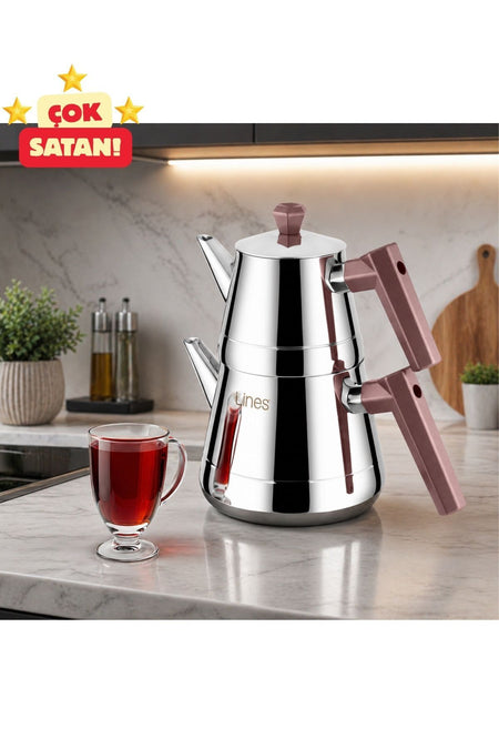 Lines Pyramid Medium Size Stainless Steel Teapot | Soft Handle, Heat Resistant, Long-lasting, Polished Steel Body - MALLTURK
