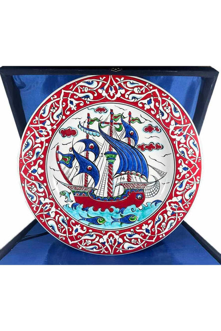 Cini Evi Red Bordurlu Galleon Patterned Iznik Tile Plate Kurumsal and Protocol Gift - MALLTURK