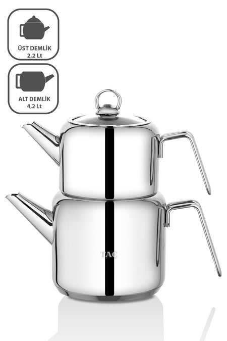 Tac Hera induction Base Jumbo Teapot Set Platinum Upper Teapot: 2.20 L Lower Teapot: 4.20 L - MALLTURK