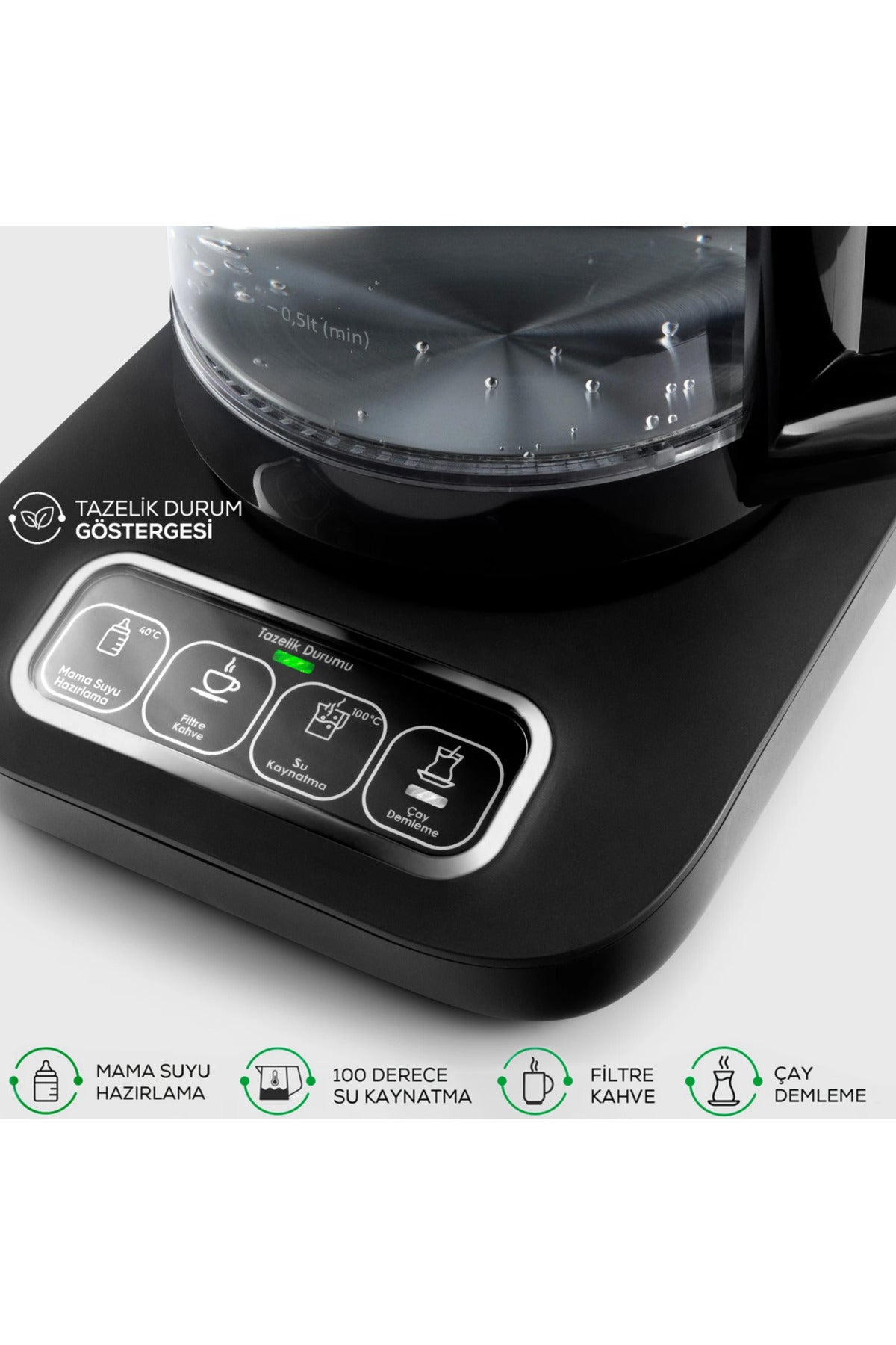 Karaca Tea Lover Robotea Pro 4 in 1 Talking Automatic Glass Tea Maker Water Heater 2500W Black Chrome - MALLTURK