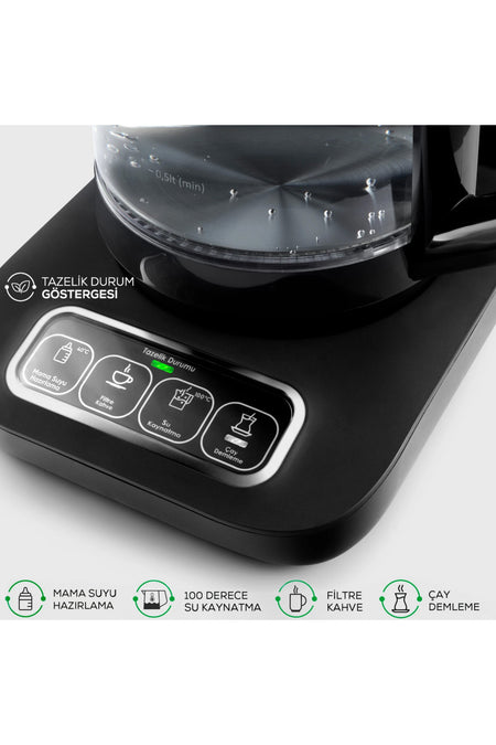 Karaca Tea Lover Robotea Pro 4 in 1 Talking Automatic Glass Tea Maker Water Heater 2500W Black Chrome - MALLTURK