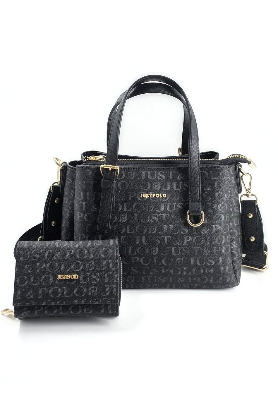 Just Polo Original Women's 3-Compartment Handbag and Shoulder Bag and Wallet Set Black - MALLTURK