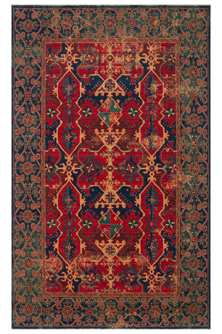 Nesem Rug Boutique Ekohali Kadim Kdm 01 Navy Red Anatolian Motifs Featuring New Zellanda Wool with Produced Handcrafted - MALLTURK