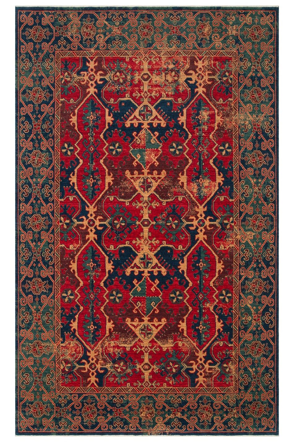 Nesem Rug Boutique Ekohali Kadim Kdm 01 Navy Red Anatolian Motifs Featuring New Zellanda Wool with Produced Handcrafted - MALLTURK