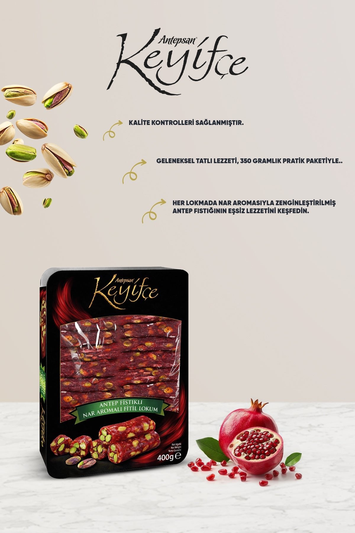 keyifce Pomegranate Flavored fitil Turkish Delight 350 g - MALLTURK