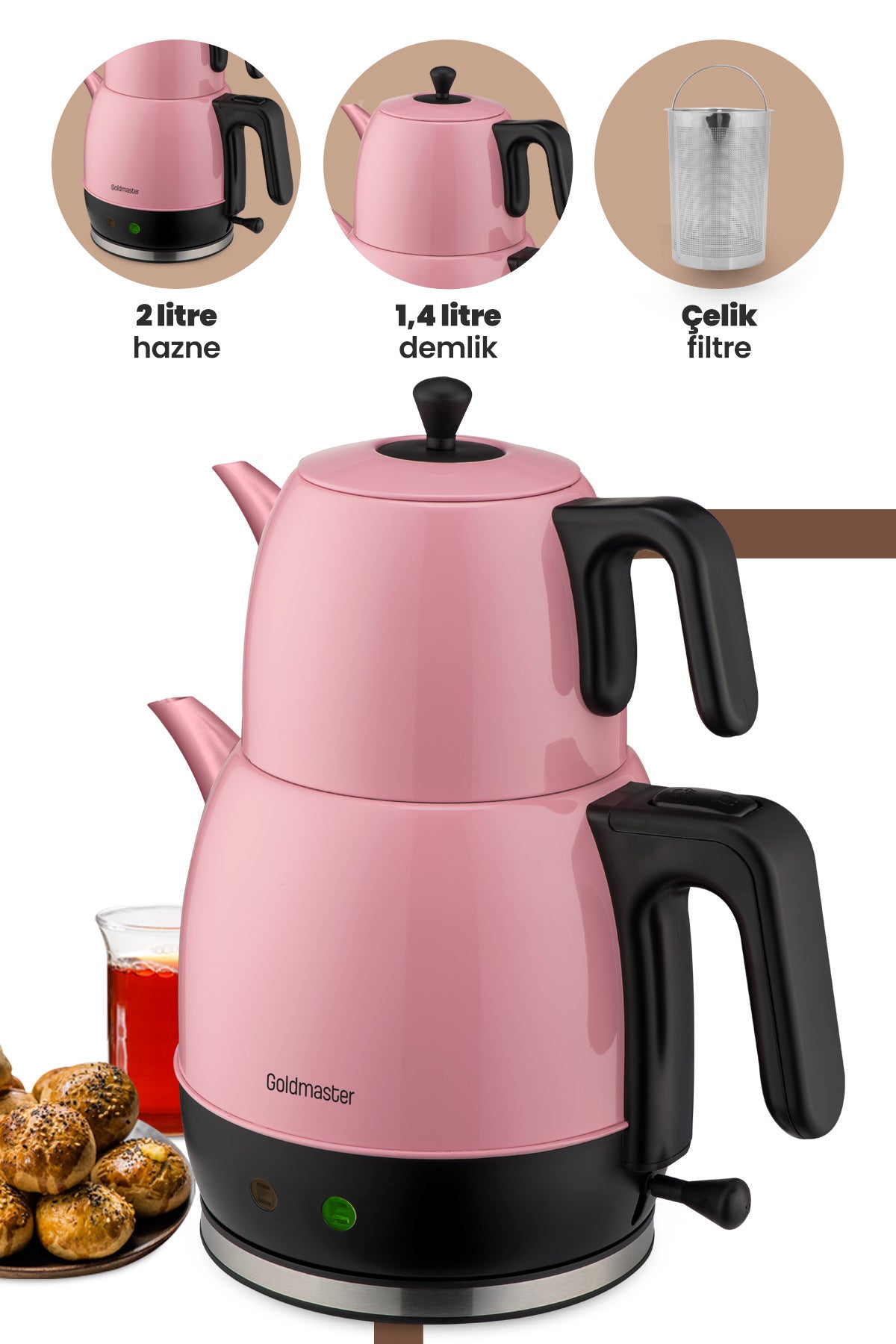 GoldMaster Hasbahce Pink XL Large Capacity Drip-Proof Stainless Steel Tea Maker and Water Kettle iN 6331 - MALLTURK