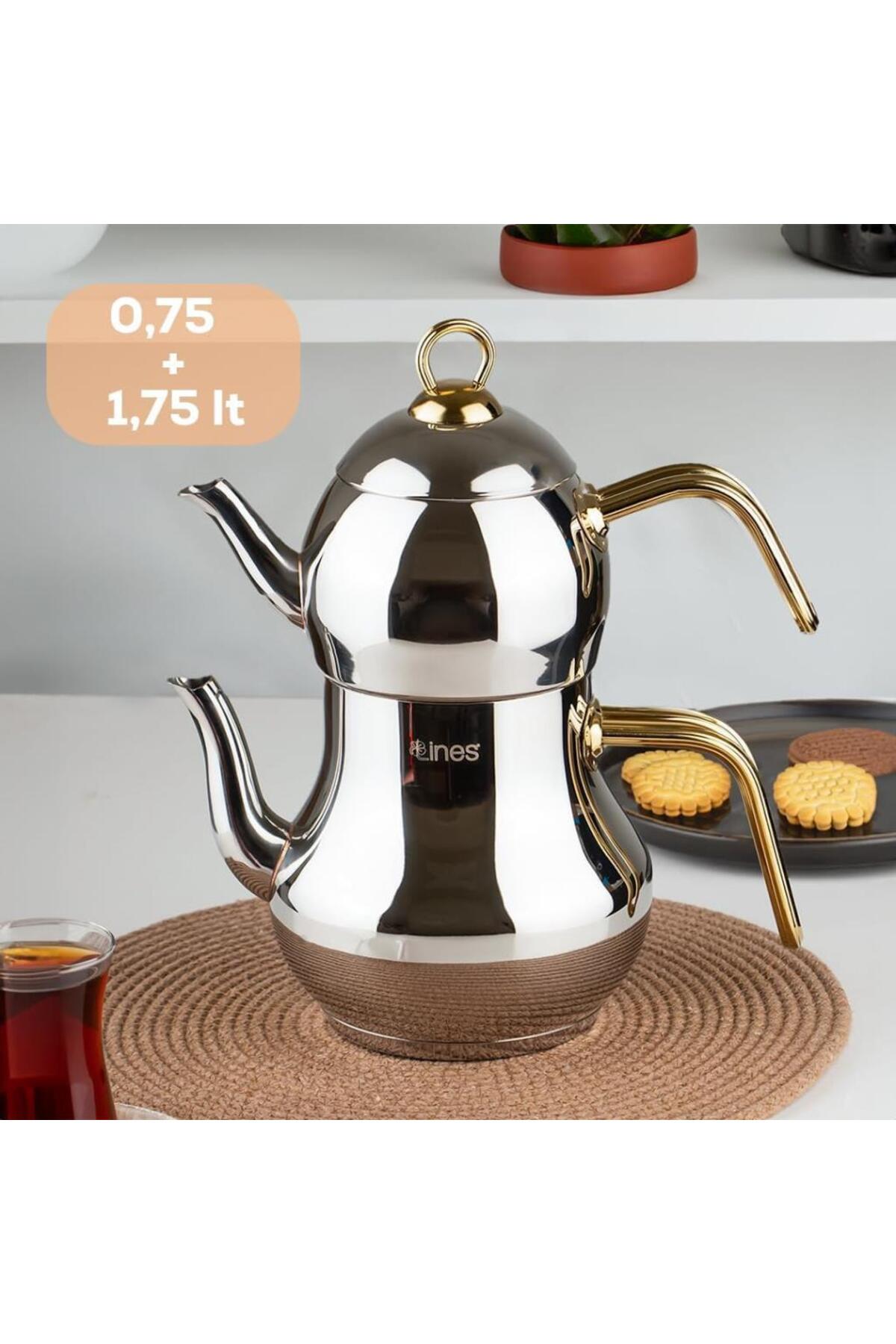 Lines Yonca sahmeran Medium Size 3 No. Steel Teapot with Gold Metal Handle - MALLTURK