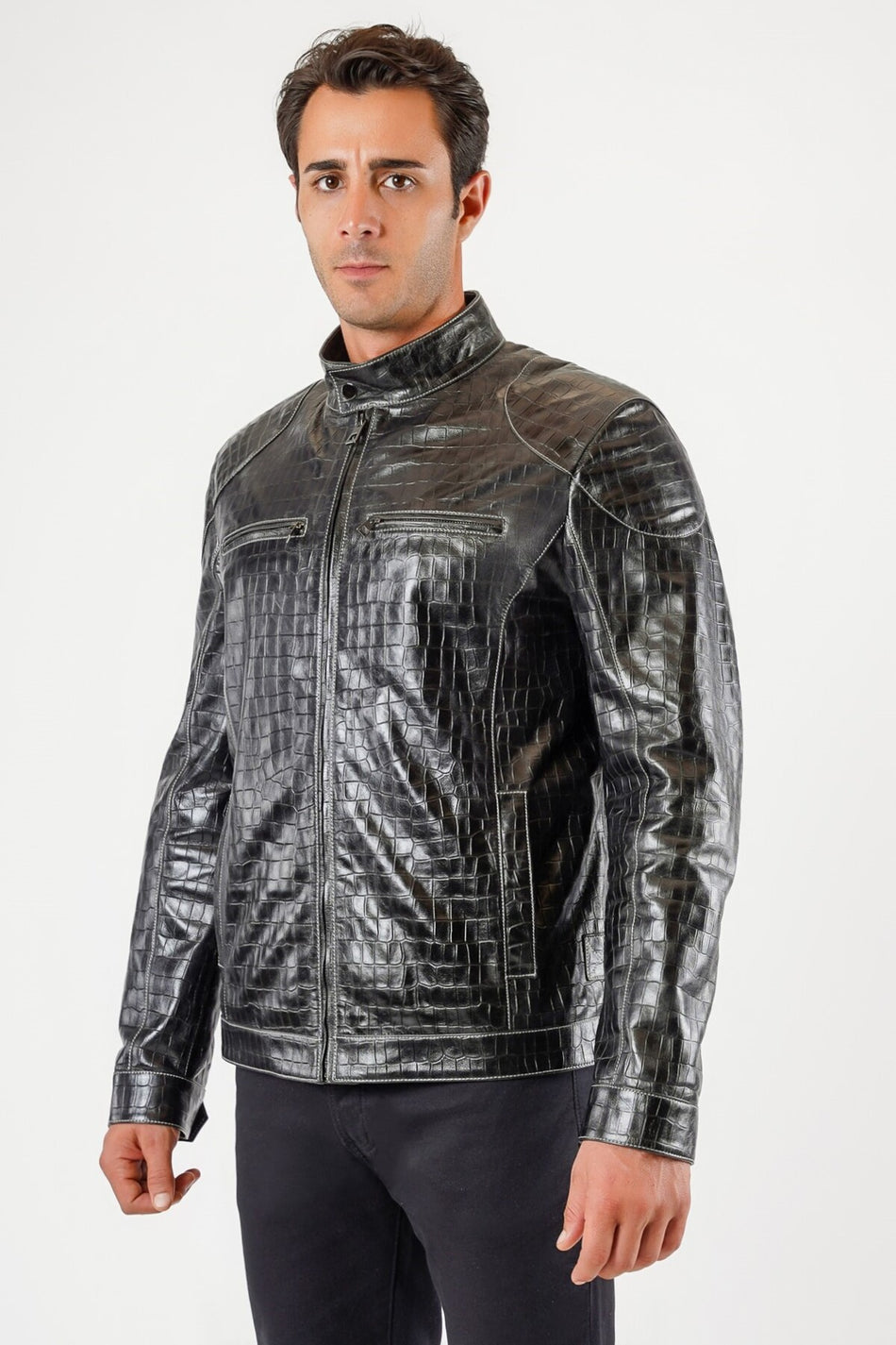Chaqueta de cuero genuino negro con estampado de cocodrilo Leather Club
