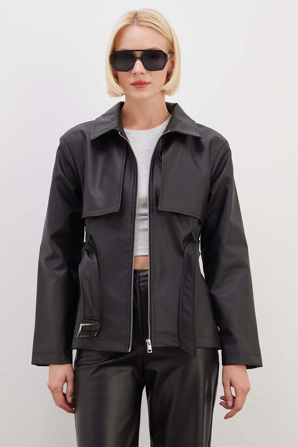 Cape Detailed Belted Faux Leather Coat