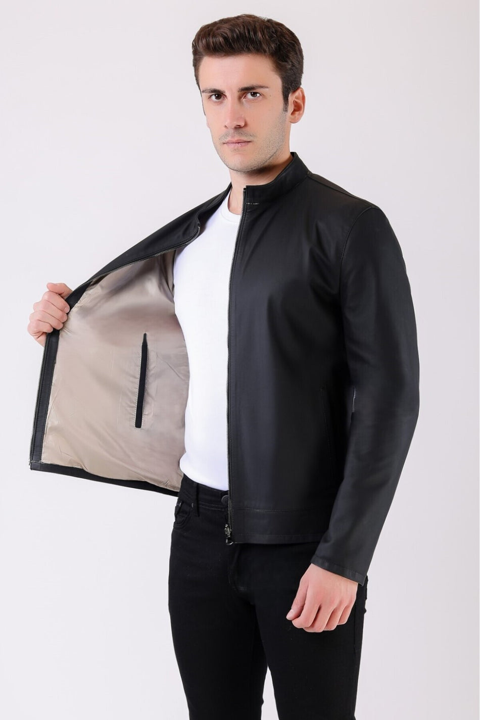 Leather Club Giacca double-face in vera pelle scuba nera e beige