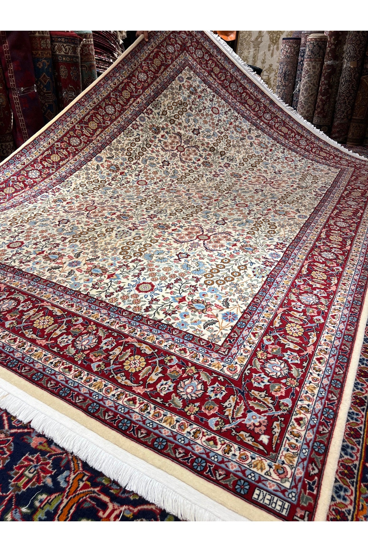 RD RAMAZAN DAG Hand Rug Art Hand-Woven Sumerbank Hereke Rug Signed Seven Mountains Flower Design Size 276x200 - MALLTURK