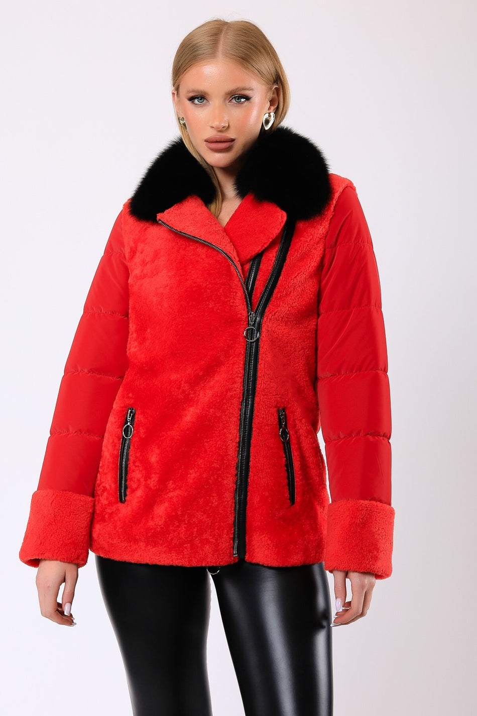 Leather Club Red Wool Puffer Coat with Genuine Leather Accessories