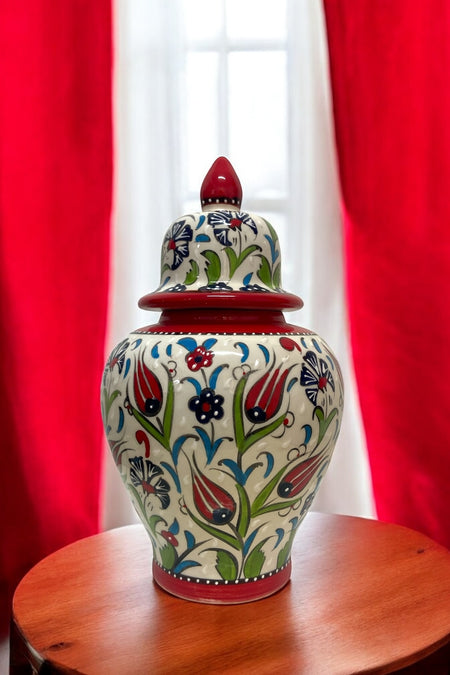 STORESZA 30cm Handmade Kutahya Ceramic Shah Cube Vase - Red - MALLTURK