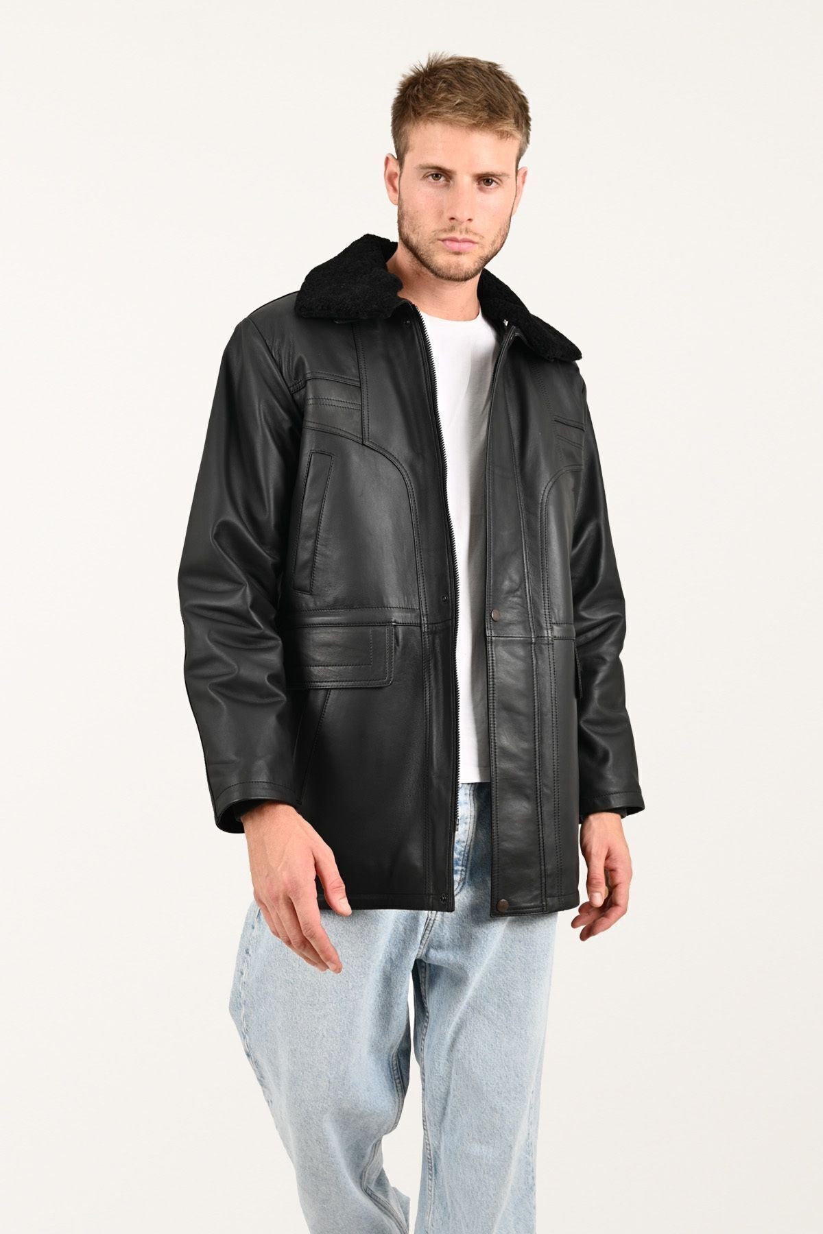 ALIN Tarkan Men's Genuine Leather Fur Collar Leather Coat Black - MALLTURK