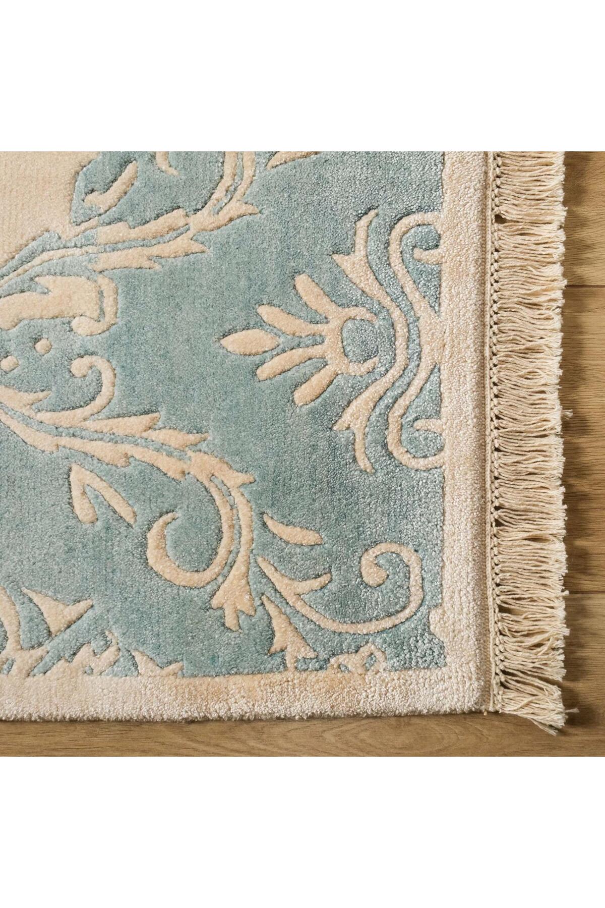Halicizade Fiber Series Damask Pattern Handwoven Carpet - Fiber Beige Blue Border - MALLTURK