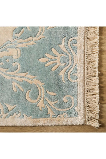 Halicizade Fiber Series Damask Pattern Handwoven Carpet - Fiber Beige Blue Border - MALLTURK