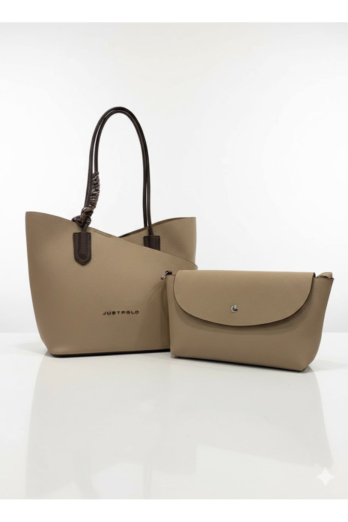 Just Polo Women's Handbag and Clutch Set - Stylish Everyday Bag with Shawl Detail Beige - MALLTURK