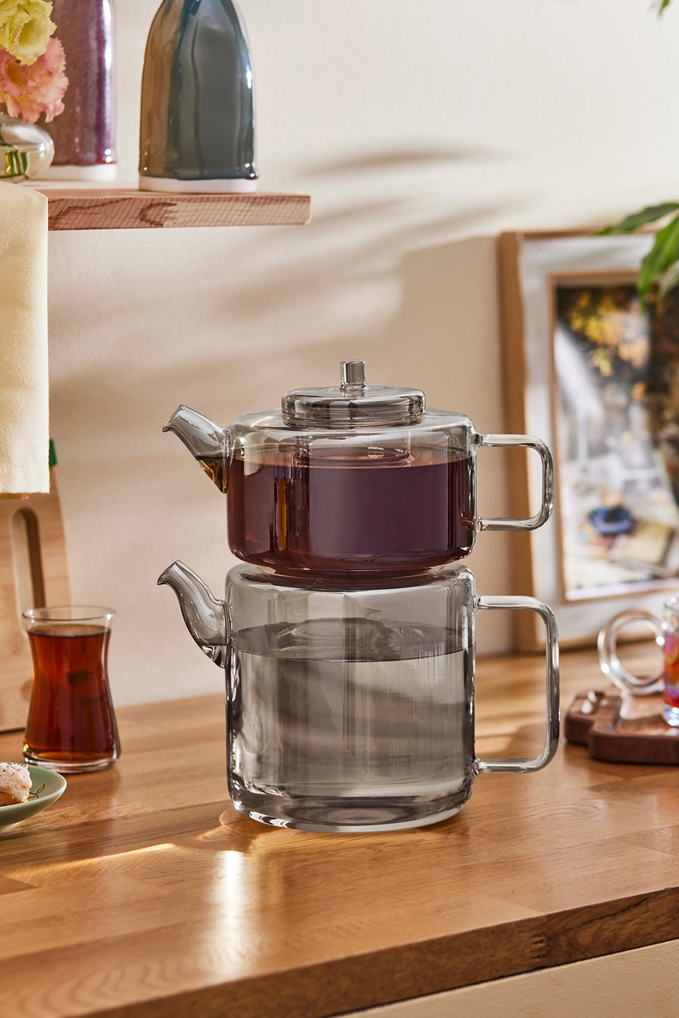 Karaca Flat Borosilicate Glass Midi Teapot Smoke Grey - MALLTURK