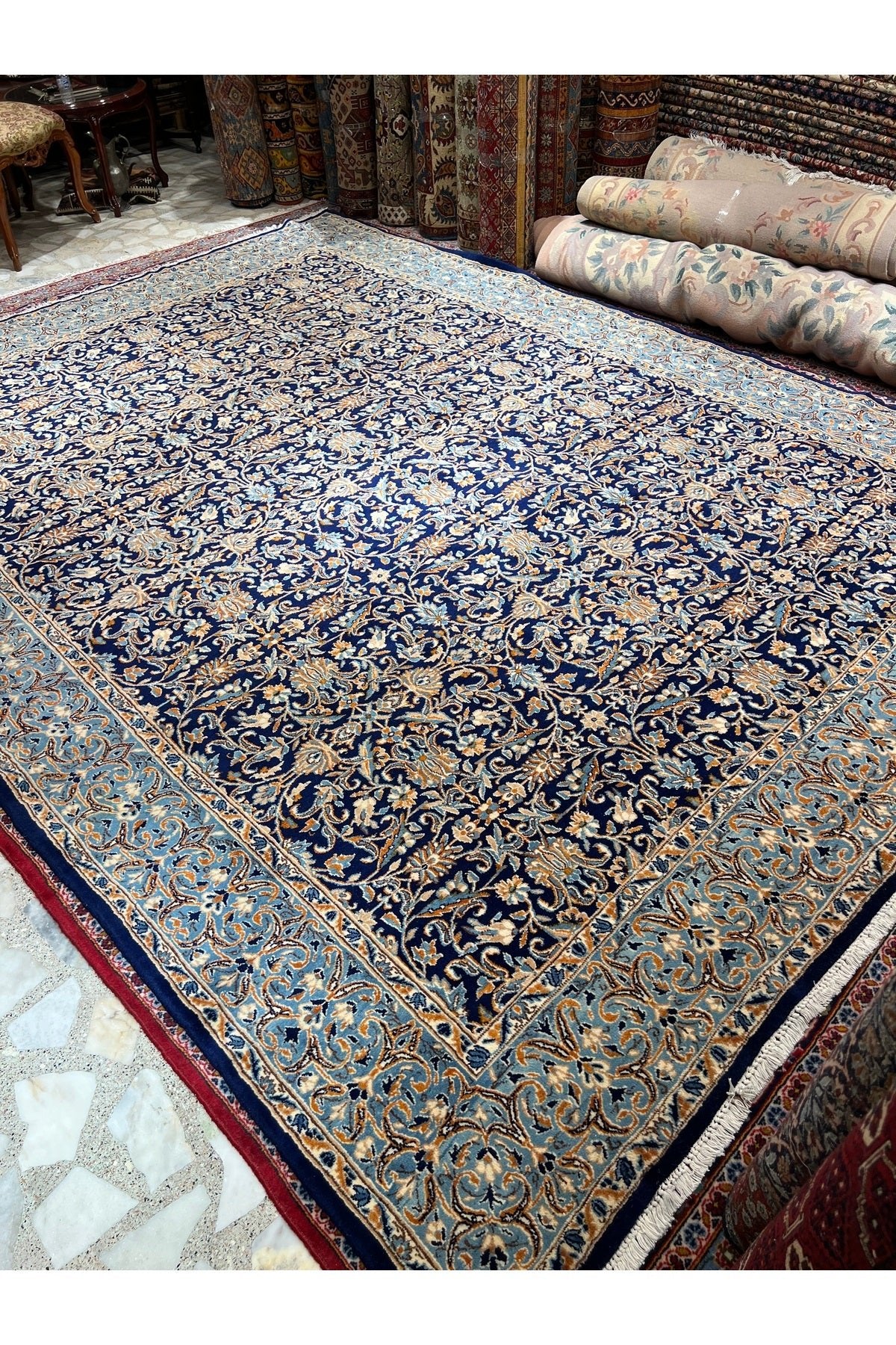 RD RAMAZAN DAG Hand Rug Art Hand-Woven Iranian Kirman Laver Rug Premium Quality Navy Color Size 355x267 - MALLTURK