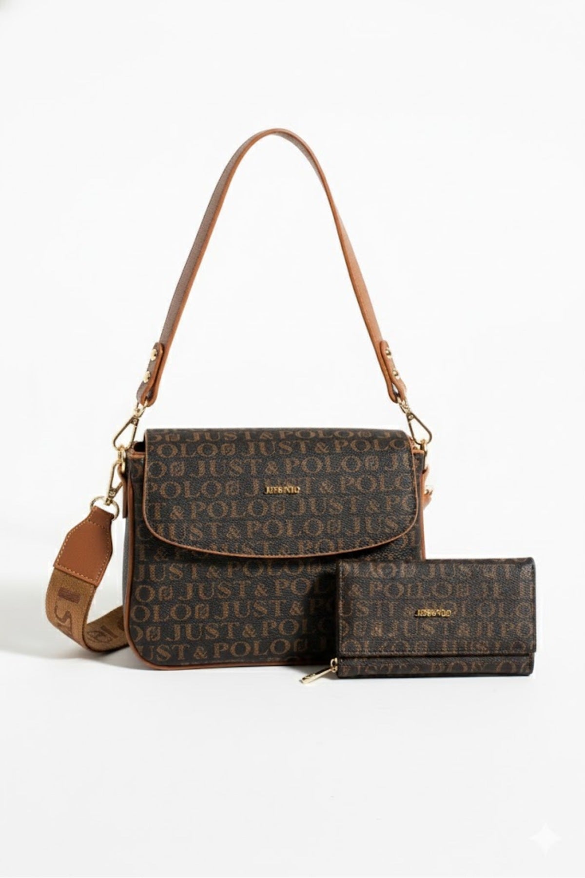 Just Polo Women's Three-Compartment Shoulder Bag and Wallet Set Brown - MALLTURK