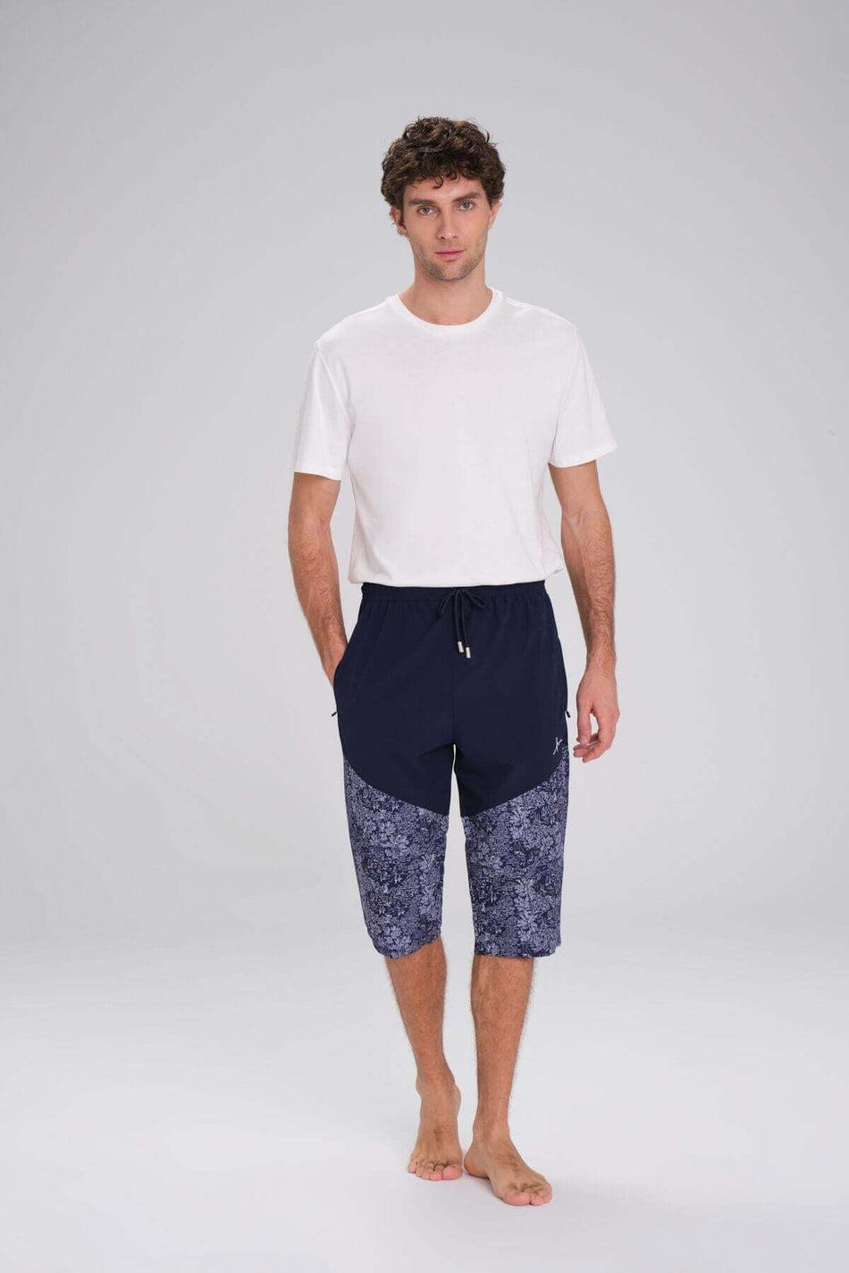 Men's Navy Blue and White Long Pool and Beach Shorts with Hashema Pattern 2413