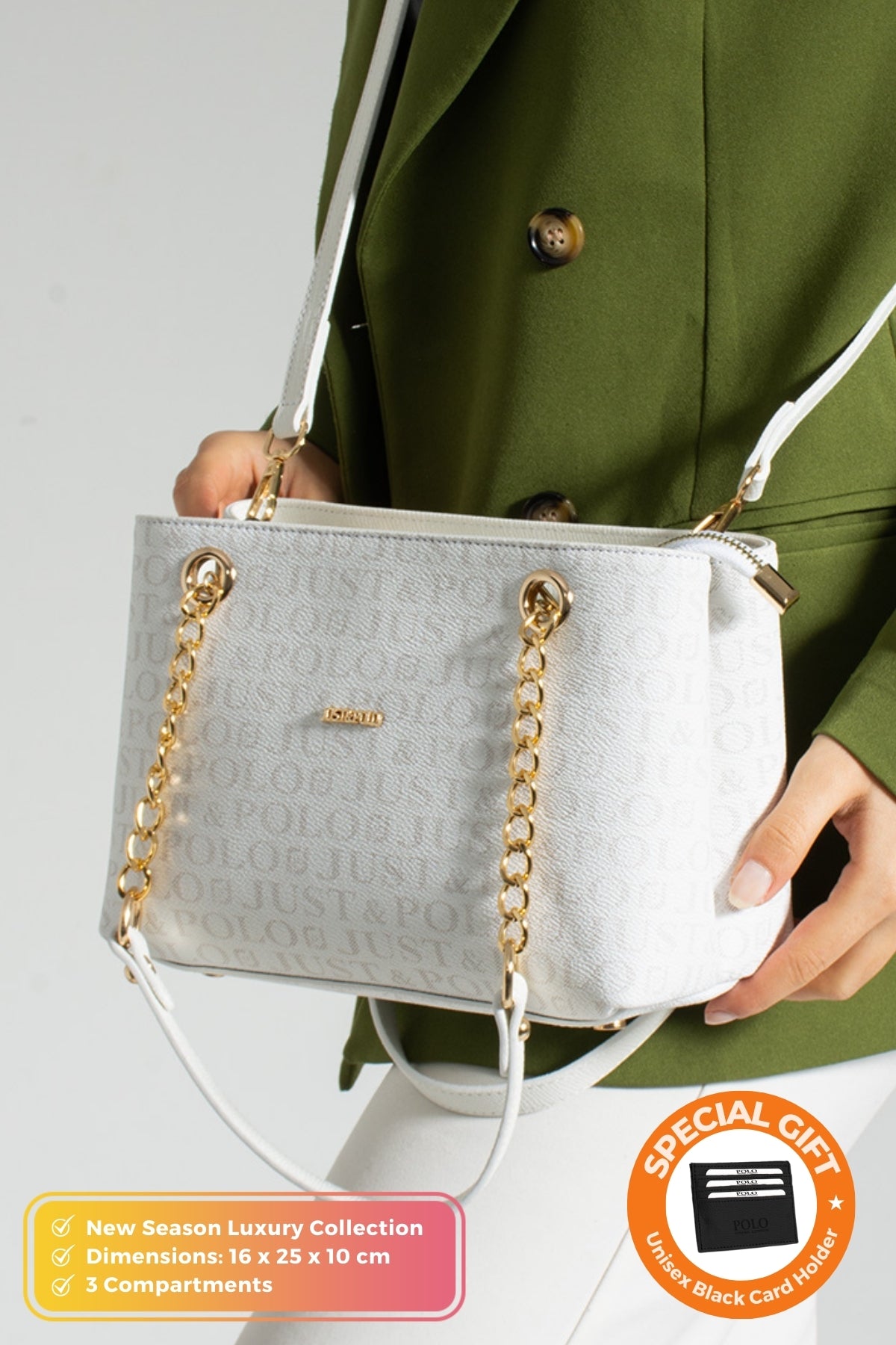 Just Polo Original Women's 3-Compartment Luxury Soft Leather Adjustable Crossbody Bag with Chain Detail Shoulder Bag White Bag - MALLTURK