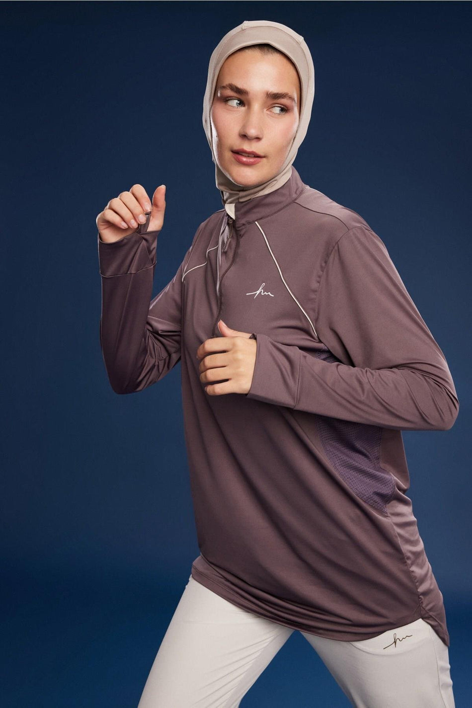 Hasema Active Piye Detailed Zippered Collar Purple Hijab Training Top ACT-34