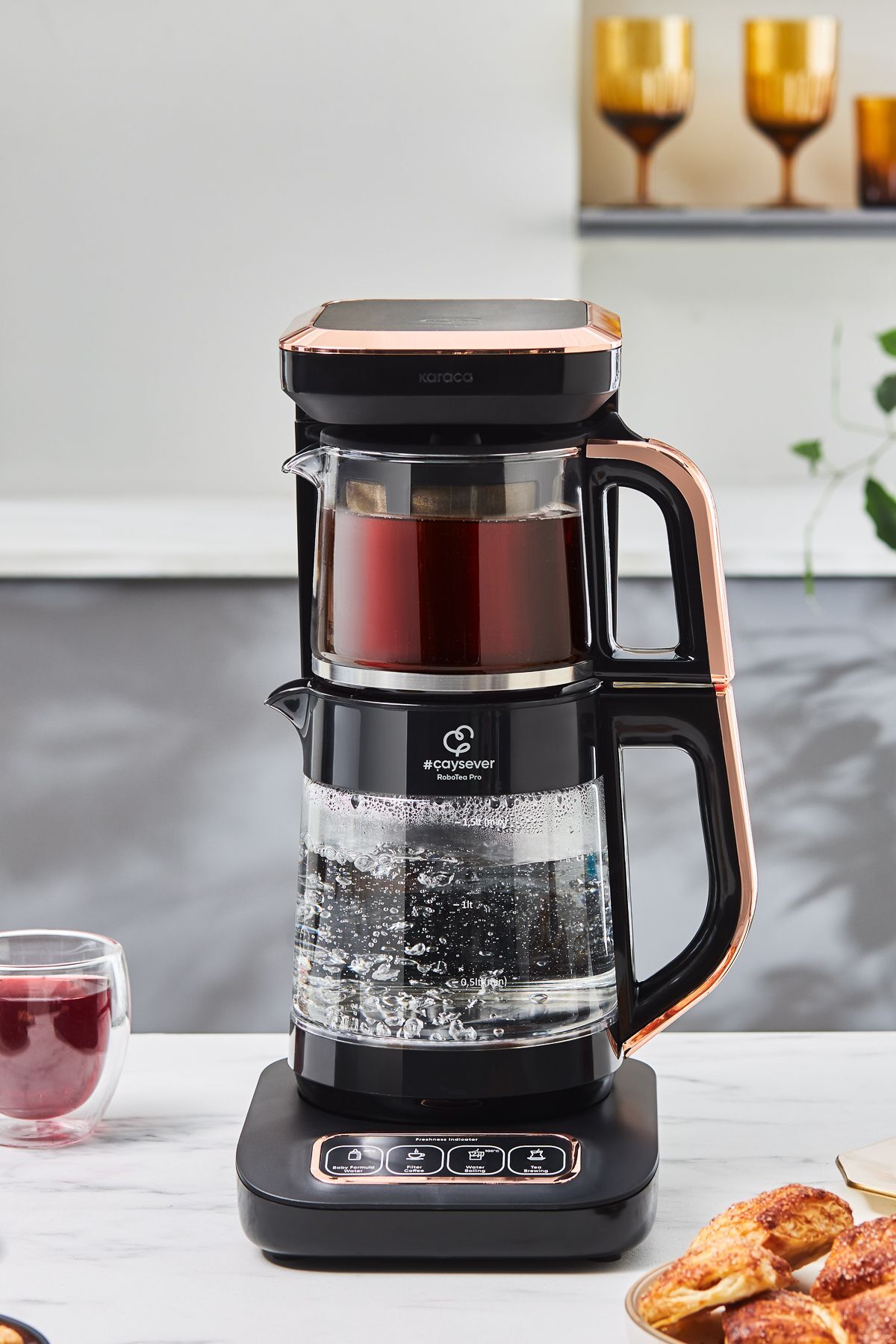 Karaca Robotea Pro 4 in 1 Talking Glass Tea Maker Black Copper - MALLTURK