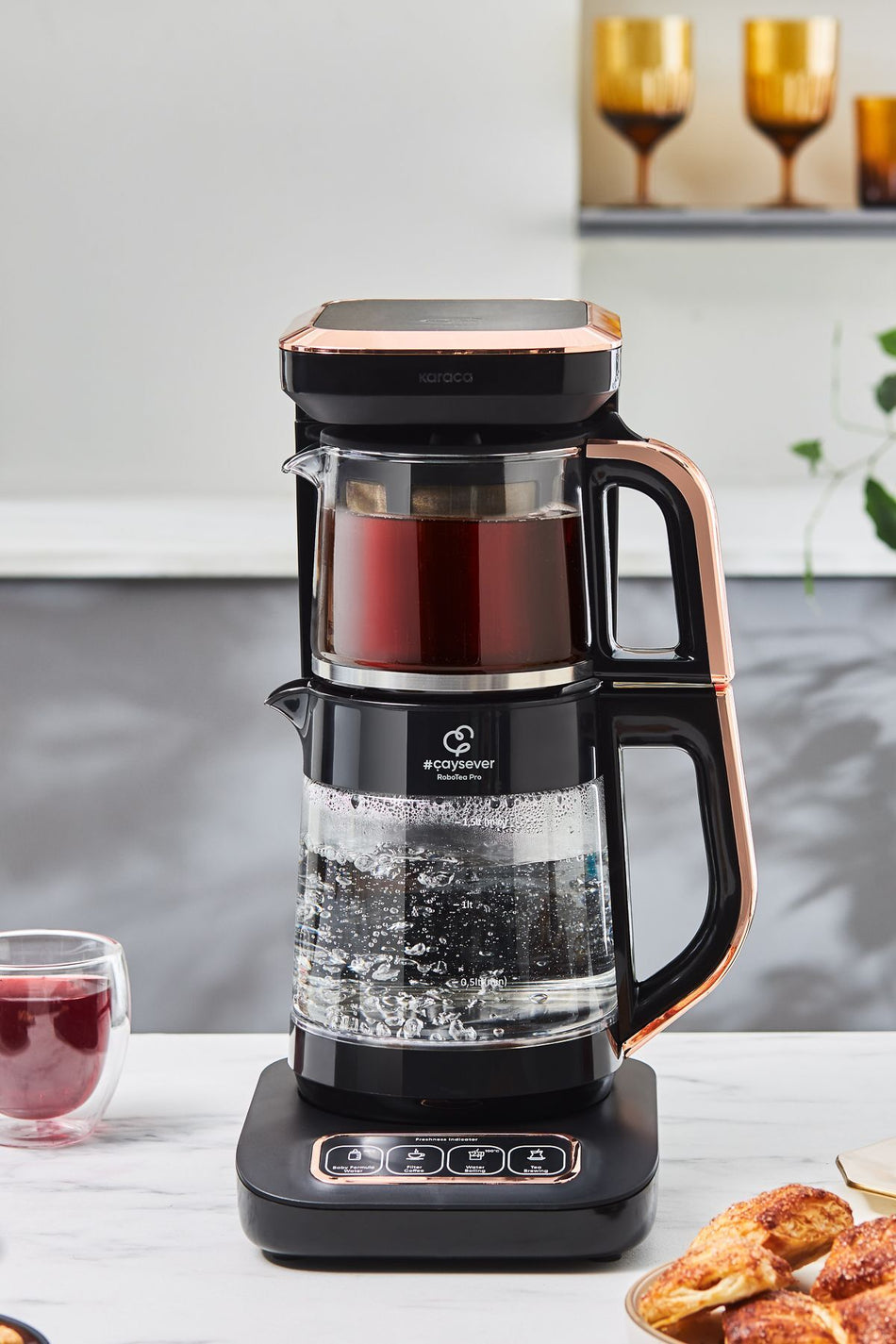 Karaca Robotea Pro 4 in 1 Talking Glass Tea Maker Black Copper - MALLTURK