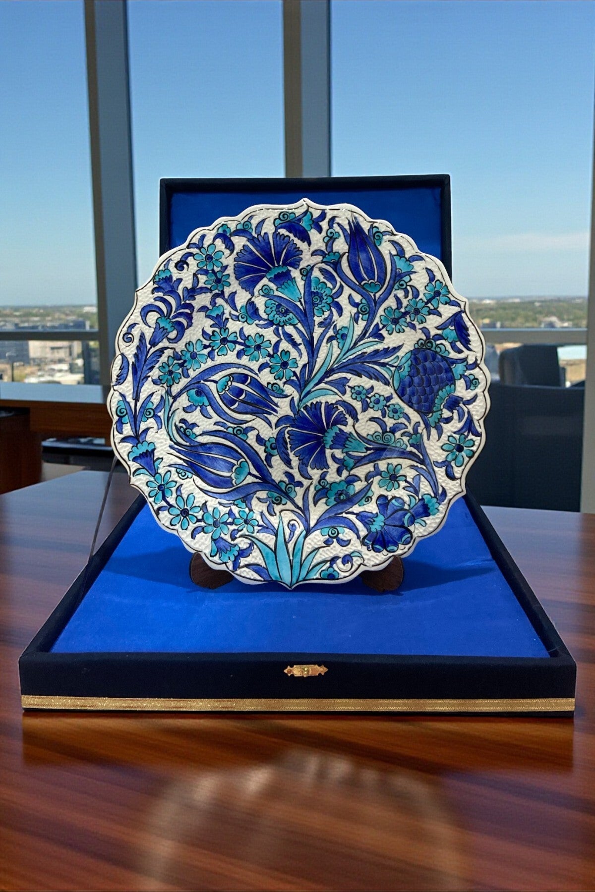 YOOS Velvet Gift Box 30Cm Special Sable Craftsmanship Kutahya Tile Navy Turquoise Lale Patterned Tile Plate - MALLTURK