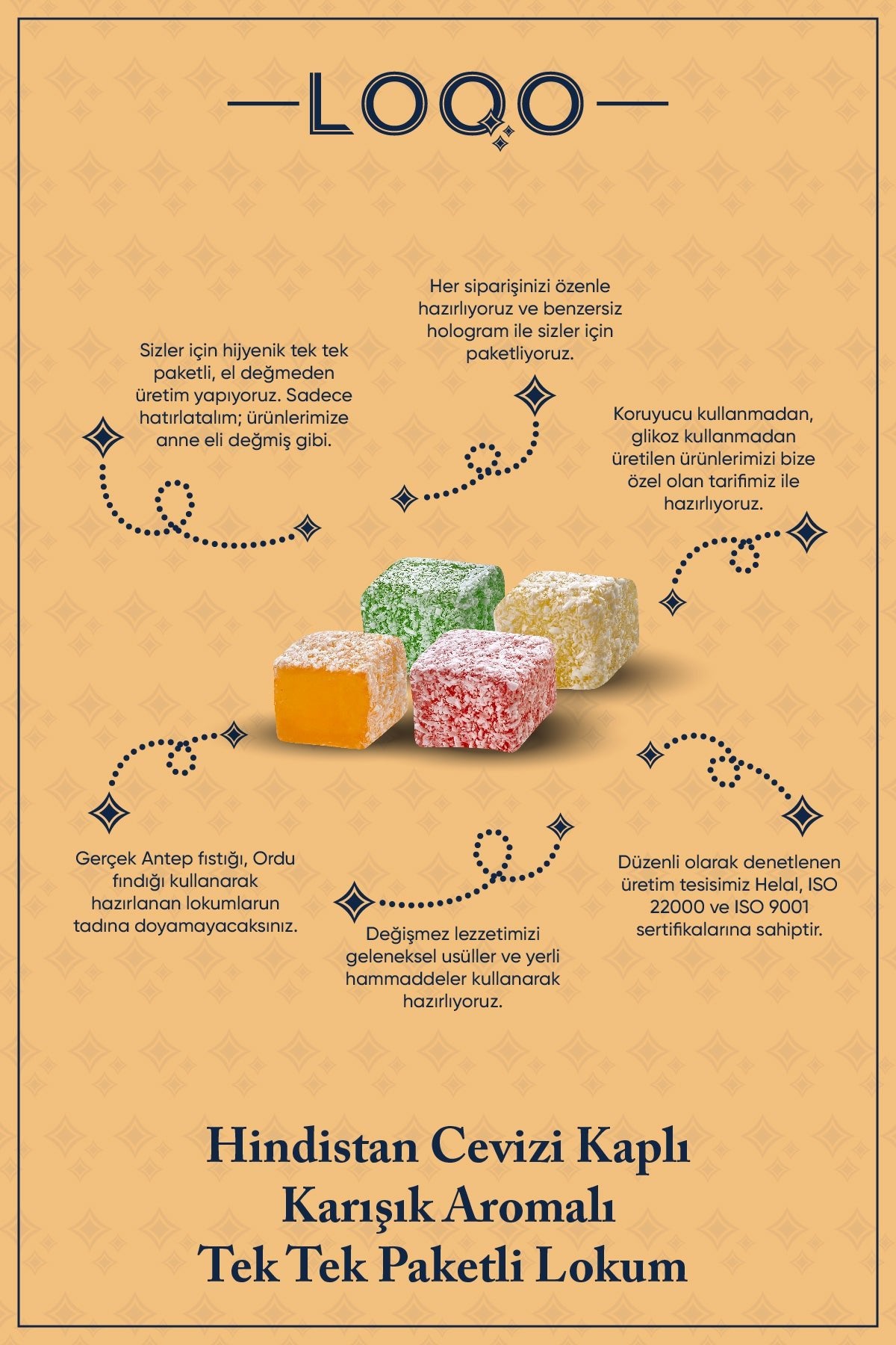 LOQO Assorted Fruit Flavored hindistan cevizi Coated Turkish Delight 500 g tek tek paketli 1017 - MALLTURK