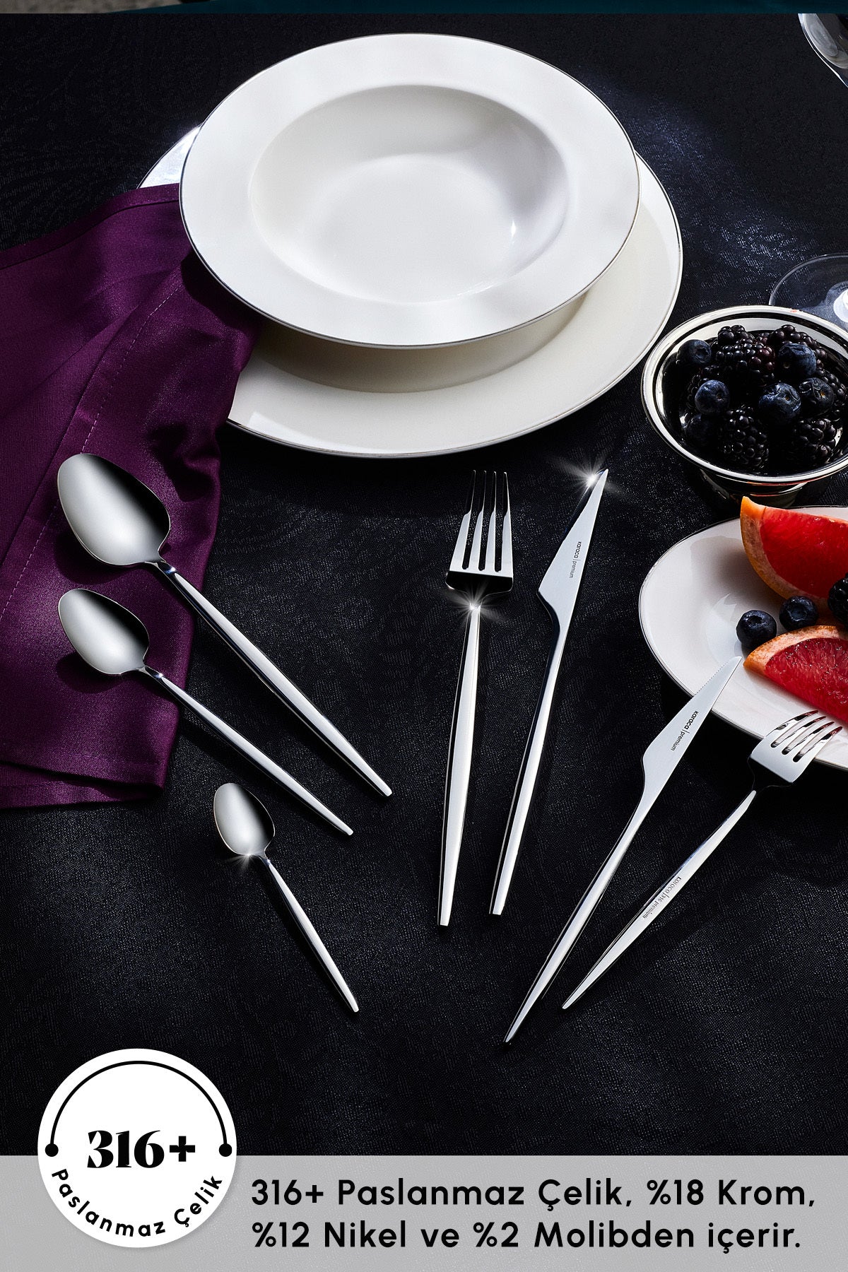 Karaca moongate 84 Piece 12 Place Setting 316 Steel premium Fork Spoon - MALLTURK