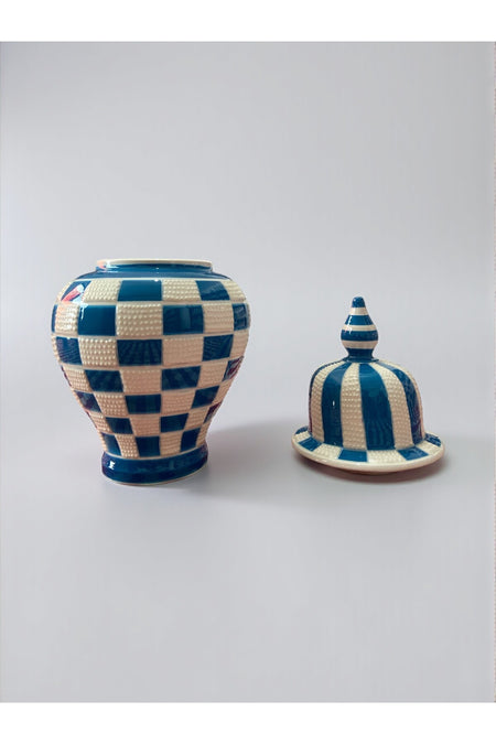 YOOS Handmade Wheelwork 25cm Kutahya Ceramic Checkered Shah Cube Ceramic Vase Blue - MALLTURK