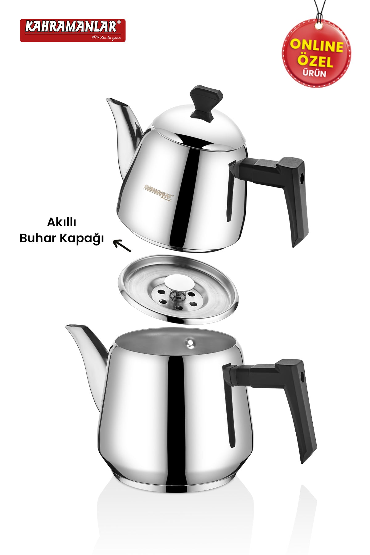Kahramanlar Milano Medium Size Teapot Set, Stainless Steel, with Steam Lid, Black - MALLTURK
