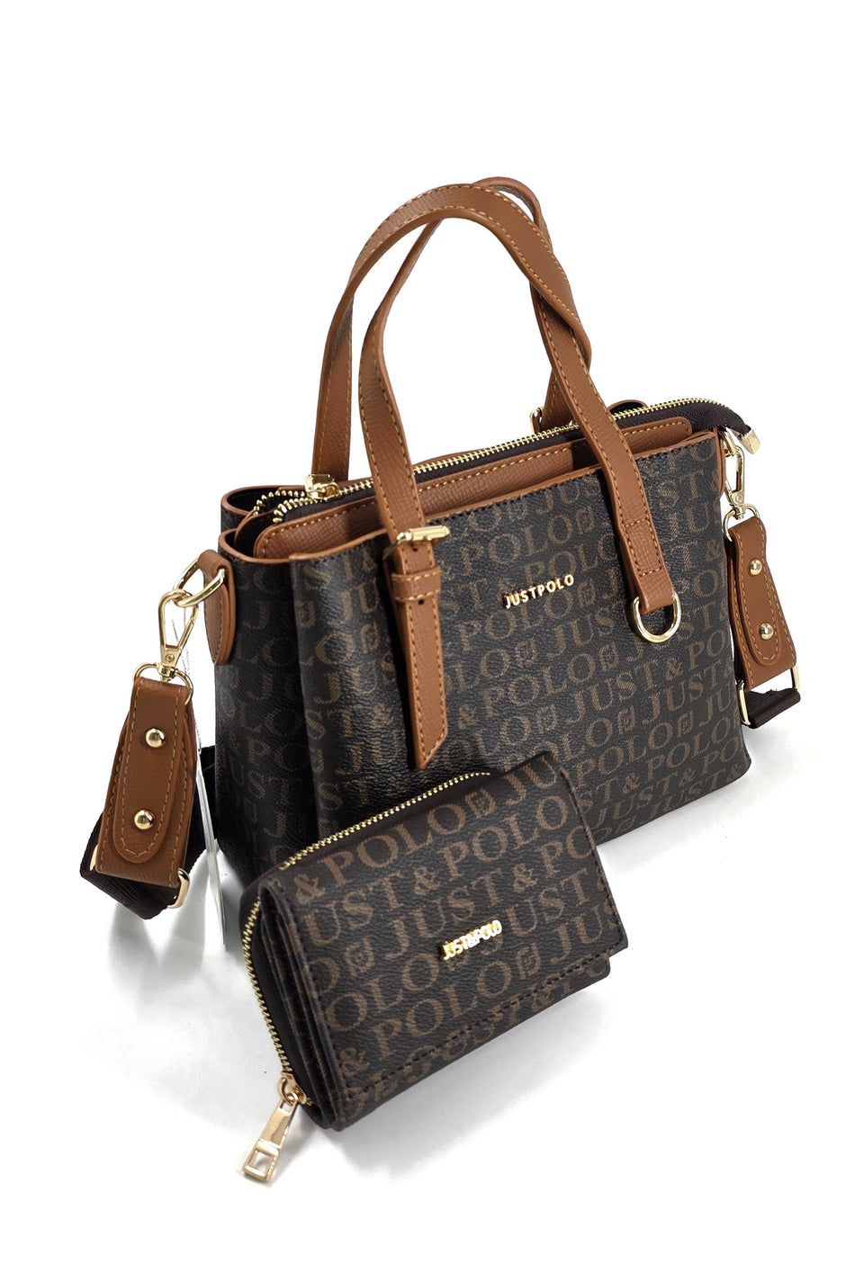 Just Polo Original Women's 3-Compartment Handbag and Shoulder Bag and Wallet Set Brown Tan