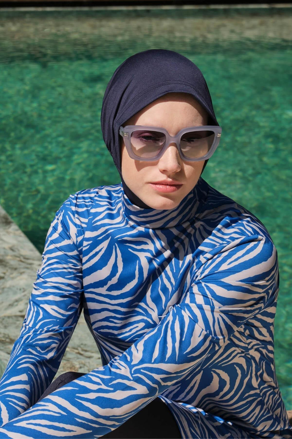Hasema Striped Pattern Lycra Blue 5-Piece Full Coverage Swimsuit Set 3160 - MALLTURK