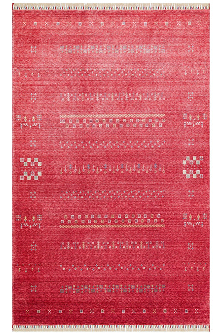 Vog Hali Efsun Collection Handmade Red Ethnic Patterned Lyocell Special Loom Usak Patterned Living Room Carpet - MALLTURK