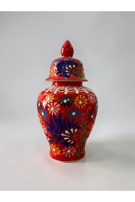 YOOS Handmade 25cm Embossed and Lace Work Red Shah Cube Ceramic Vase - MALLTURK
