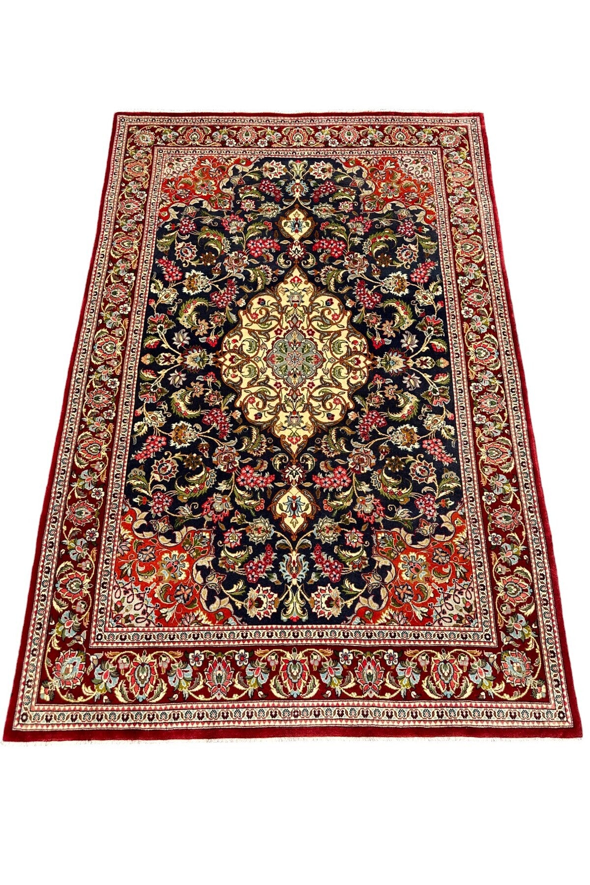 BURAK Rug Hand-Woven Iranian KUM Rug 140X210 Red Navy %100 Wool SIK Weave Rug