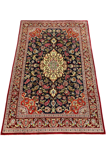 BURAK Rug Hand-Woven Iranian KUM Rug 140X210 Red Navy %100 Wool SIK Weave Rug