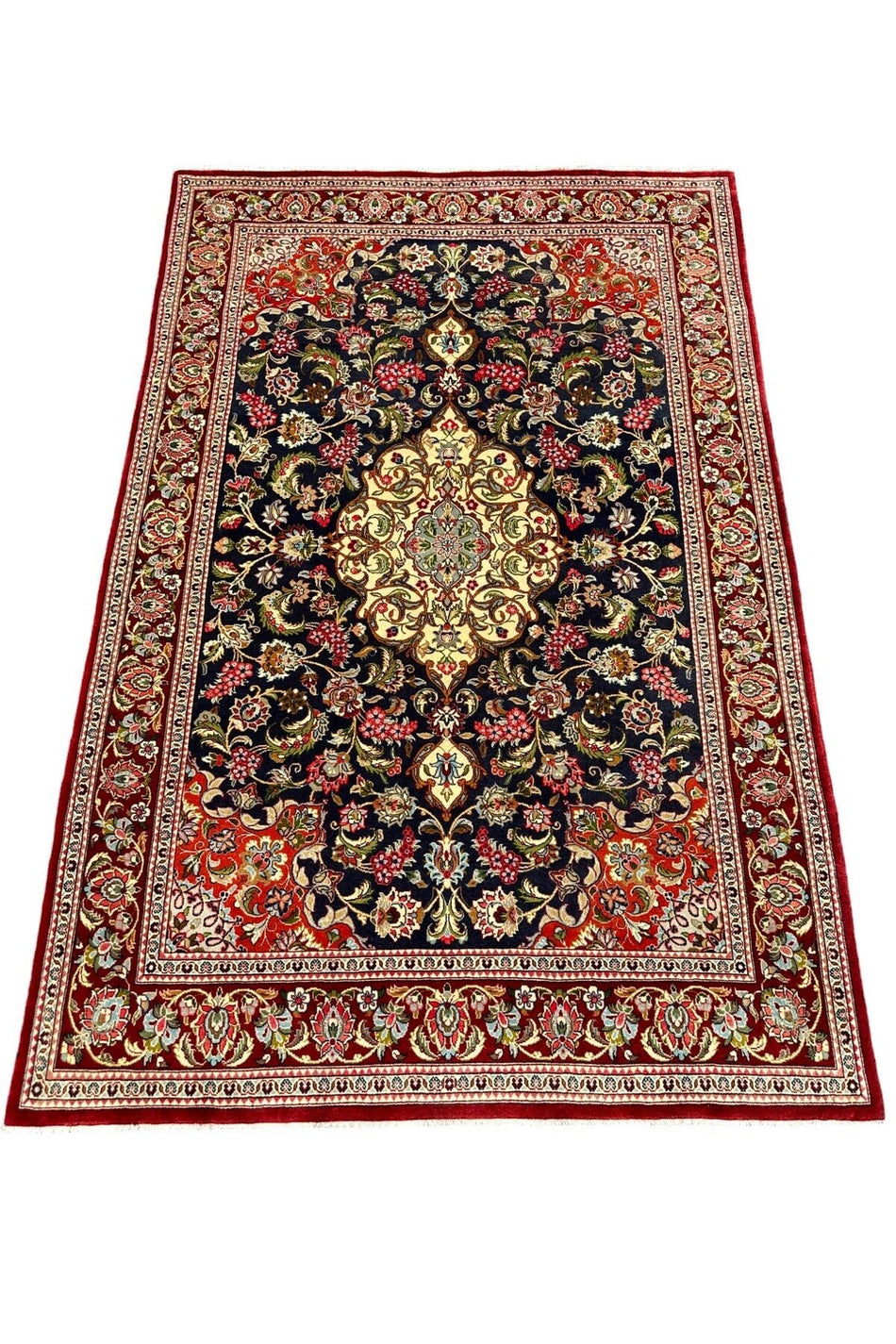 BURAK Rug Hand-Woven Iranian KUM Rug 140X210 Red Navy %100 Wool SIK Weave Rug - MALLTURK
