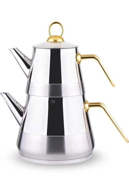 Lines Pyramid Stainless Steel Teapot Set, Family Size, Gold Handle 3056 - MALLTURK