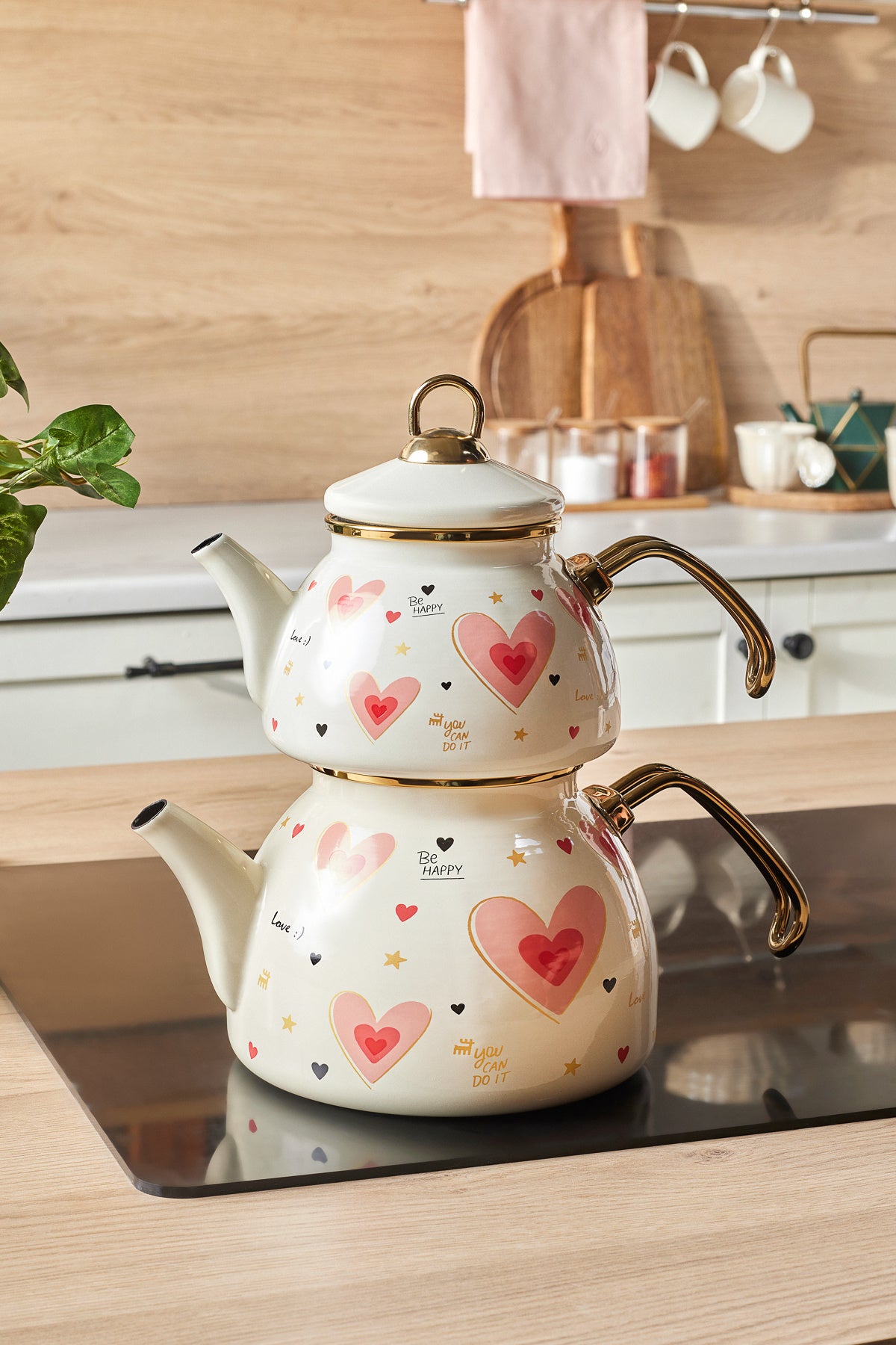 Karaca Pink Love Enamel Heart Detail Midi Size Teapot Set 3.1 Liters - MALLTURK