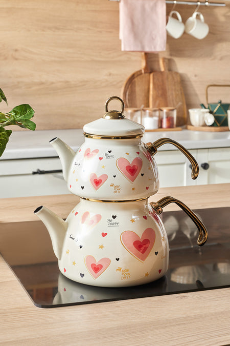 Karaca Pink Love Enamel Heart Detail Midi Size Teapot Set 3.1 Liters - MALLTURK