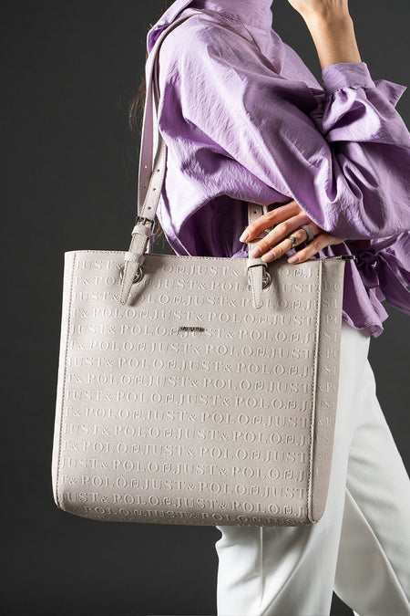 Just Polo Women's Embossed Print Oversized Shoulder Bag Gray JPM4067 - MALLTURK