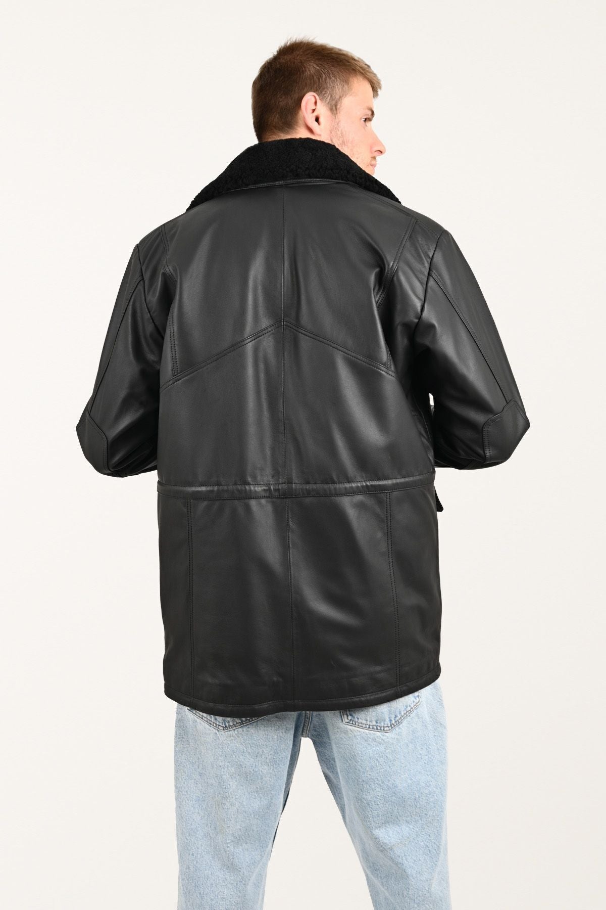 ALIN Tarkan Men's Genuine Leather Fur Collar Leather Coat Black - MALLTURK